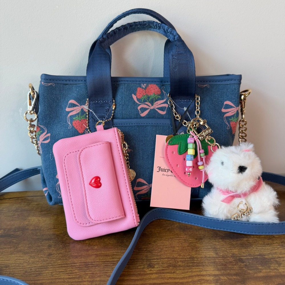 New Juicy Couture Strawberry Festival Mini Tote Crossbody Handbag Denim Blue Y2K